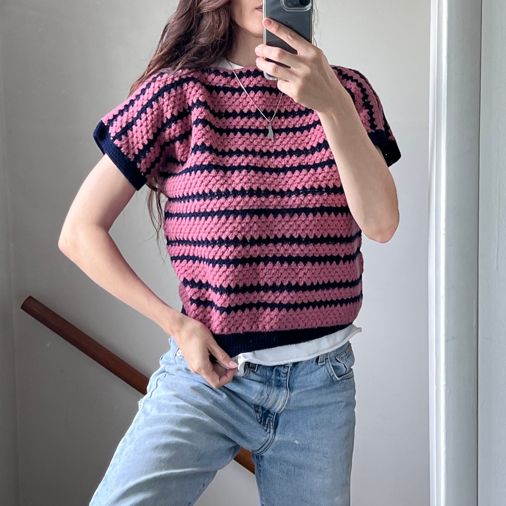 Vintage Crochet Hand Knit Striped Sweater Top Pink Blue Handmade Boxy Boho Funky